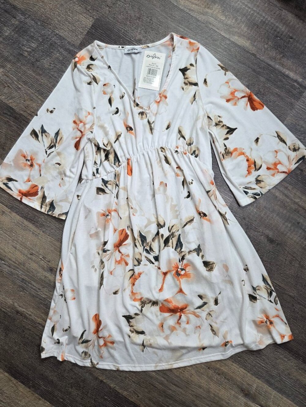Surfgear Summer Dress White + Floral Print 3/4 Bell Sleeve Sz Med